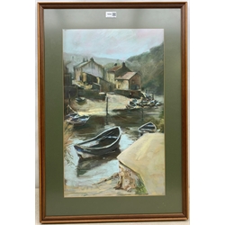 Jon Hall (Northern British 1956-): Cobles in Staithes Beck, pastel signed and dated '90, signed and inscribed verso 62cm x 37cm