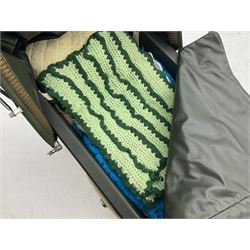 Silver Cross coach-built doll's pram with green fold-down hood and cover, sprung tubular frame, chrome and white handle, four spoked wheels with brake, mattress, pillow and bedding L97cm