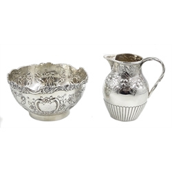 German silver bowl, embossed swag and foliate decoration by Simon Rosenau, with import marks for John George Piddington, London 1903 and a  Victorian silver cream jug, foliate and fruit decoration by Hilliard & Thomason, Birmingham 1865, both inscribed 'From Lord & Lady Helmsley.. 1905', approx 8.2oz