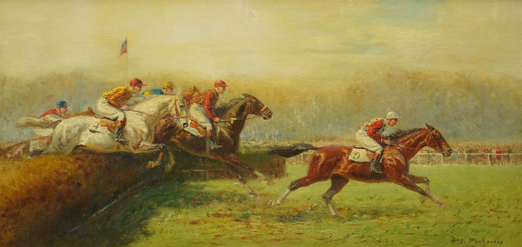 Eugène Péchaubès (French 1890-1967): 'Last fence at Auteuil' Paris, oil on canvas signed 39cm x 79cm
Provenance: purchased from Kensington Fine Art