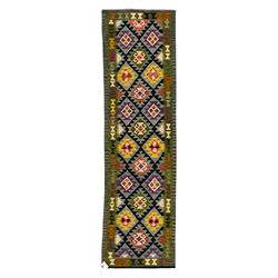 Afghan Maimana flatweave kilim, central field features large bold nested diamond motifs an...