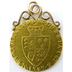  George III 1787 gold 'spade' Guinea on pendant mount, 9.14 grams  