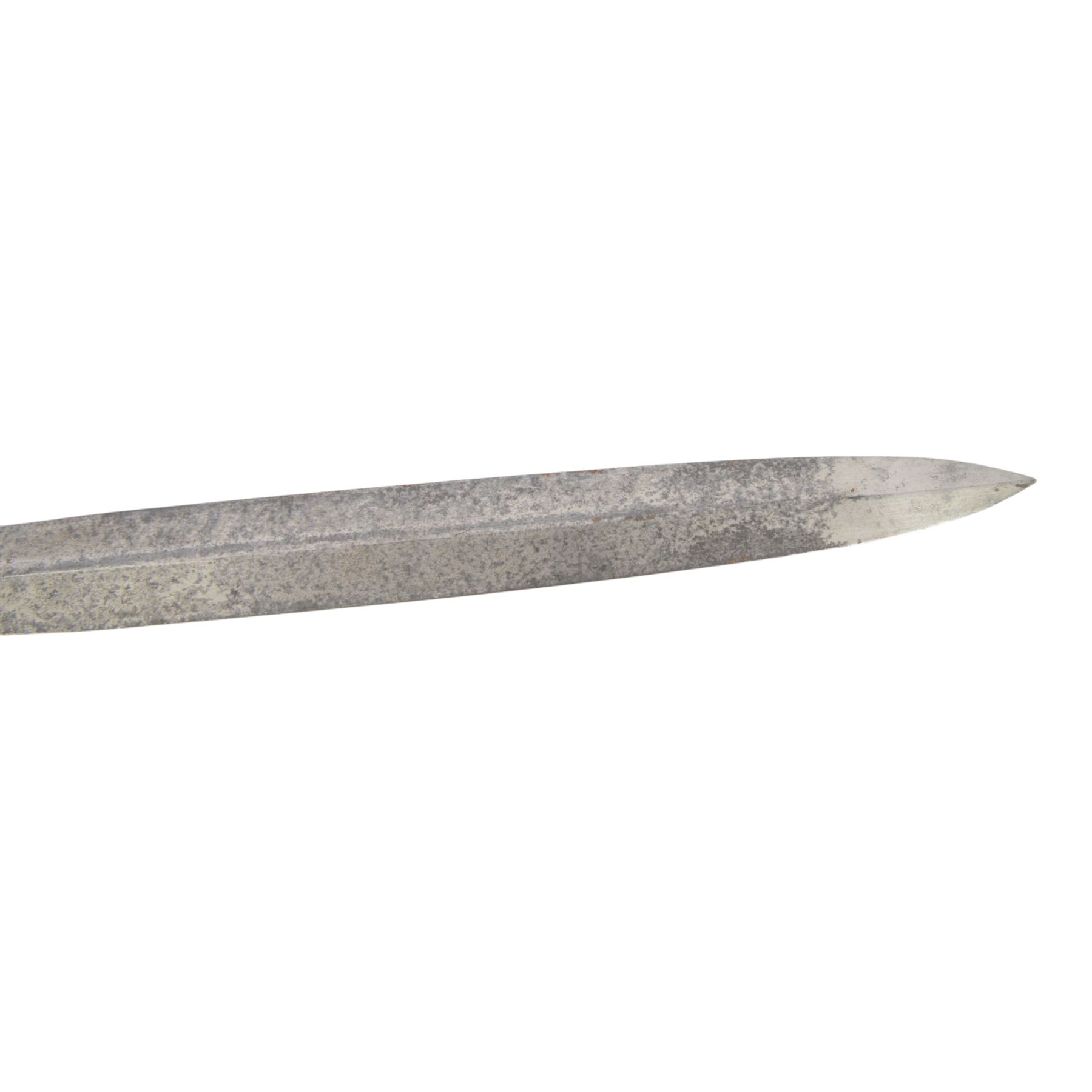 French 1832 Pattern Gladius short sword, the 49cm double edged blade inscribed to the ricasso, cast brass hilt with groove grip and short quillons, brass mounted leather scabbard, scabbard and sword both marked 994, overall L66cm