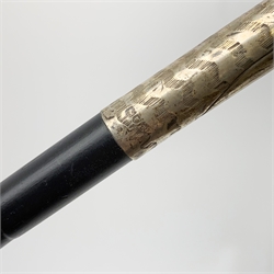 A silver mounted walking cane, hallmarked Thomas Davis, London 1913, together with a horn handled and ebonised example with copper mount, H90.5cm. 