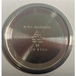 Omega gentleman's stainless steel manual wind wristwatch, calibre 1030, serial No. 44 527730, with date aperture, on black leather strap