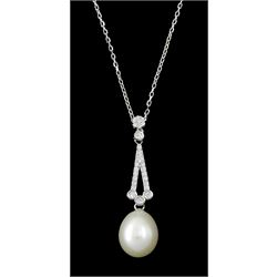 Silver cubic zirconia and pearl pendant necklace, stamped 925 