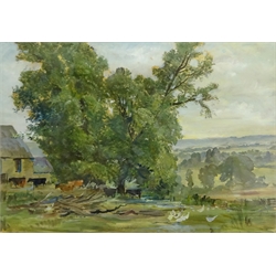  Charles Ernest Cundall (British 1890-1971): 'English Farmyard', oil on paper unsigned late 1960s, with verification and further letter by the artist's wife verso 33cm x 47cm  DDS - Artist's resale rights may apply to this lot  