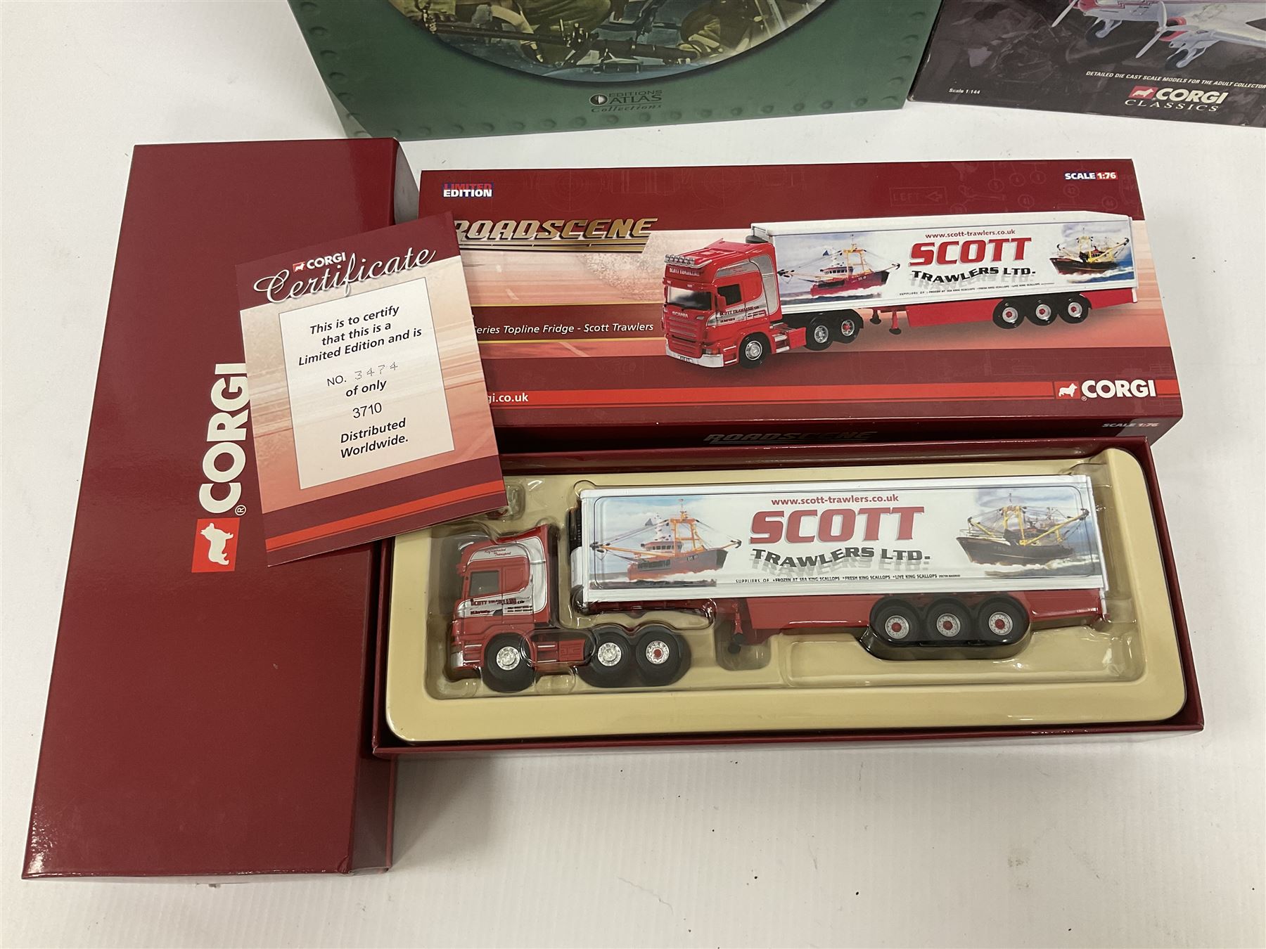 Eleven die-cast models from various makers to include Dinky 955 Fire Engine, missing ladder, boxed; Matchbox YY66 Her Majesty’s Gold State Coach; Corgi - CC18102 Scania R Series Toplone Fridge no.3474/3710; and further vehicles and aeroplanes to include Aviation Archive and Editions Atlas (11) 