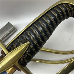 Early 19th century French Lancers officer's sword c1810, the 84cm curving fullered blade retaining most of its bluing, gilding and engraved decoration, inscribed I.S.& C. to ricasso (for Schimelbusch), brass three-bar hilt with elongated elliptical langets and wire-bound leather grip; in polished steel scabbard with two brass suspension rings L100cm overall