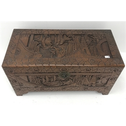  Eastern carved camphor wood blanket box depicting harbour scene, W95cm, H49cm, D46cm  