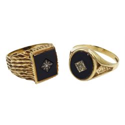 Two 9ct gold black onyx and diamond signet rings, hallmarked, approx 12.5gm