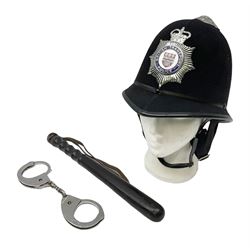 British Transport Police Custodian helmet with Queen's Crown plate; Hiatt & Co ebonised hardwood patrol truncheon; and pair of Hiatts 1960 hand-cuffs (3)