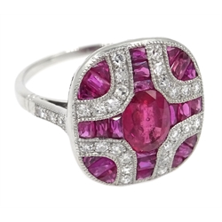  Platinum ruby and diamond panel dress ring  