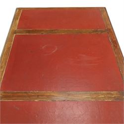 Late 19th century twin-pedestal desk, red leather inset top over an assortment of eleven drawers, on plinth base (W126cm D65cm H77cm); with Edwardian oak framed Captains swivel desk chair, of tub shaped form with spindle back supports (W60cm H89cm)