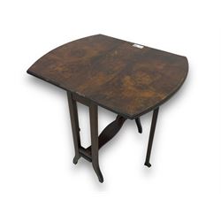 Early 20th century small walnut drop-leaf table, rectangular top with curved drop leaves, gateleg mechanism on slender supports united by shaped stretcher