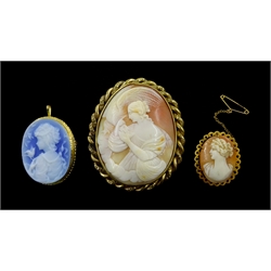 18ct gold blue agate cameo brooch despicting a lady and a bird, stamped 750, 9ct gold shell cameo brooch hallmarked and a late 19th/early 20th century gilt cameo brooch (3)