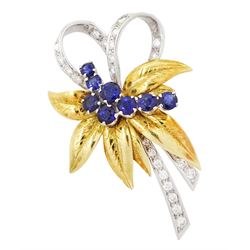 18ct gold sapphire and diamond flower brooch, eight round cut sapphires within a yellow go...