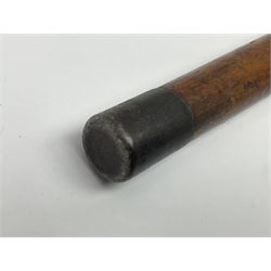 19th century malacca walking cane, the screw threaded domed cover opening to reveal vacant recess, above a further screw threaded opening revealing a removable glass vial with stopper, glass vial L41cm, cane L89.5cm