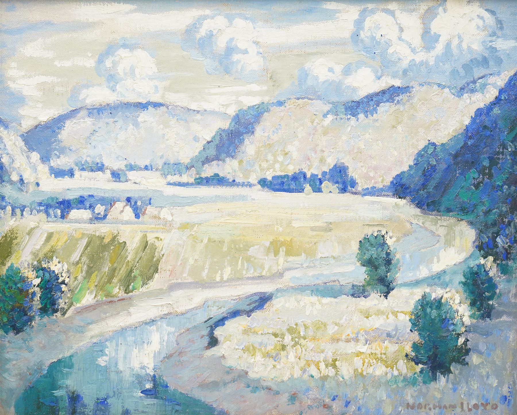 Norman Lloyd (Australian 1895-1983): 'French Landscape', oil on canvas panel signed, titled verso 31.5cm x 35cm 
Provenance: with Louise Kosman Modern British Art Gullane, Edinburgh, label verso 