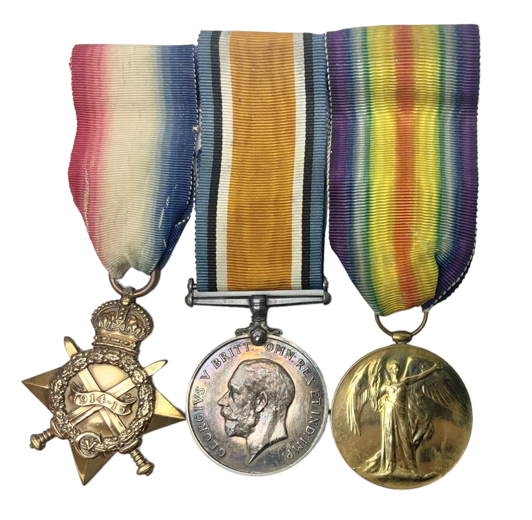 WW1 group of three medals comprising British War Medal, 1914-15 Star and Victory Medal awarded to 8110 Pte. A. Hewson Linc. R.; with ribbons