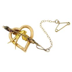 Early 20th century 15ct gold seed pearl swallow and heart brooch, in velvet and silk lined box