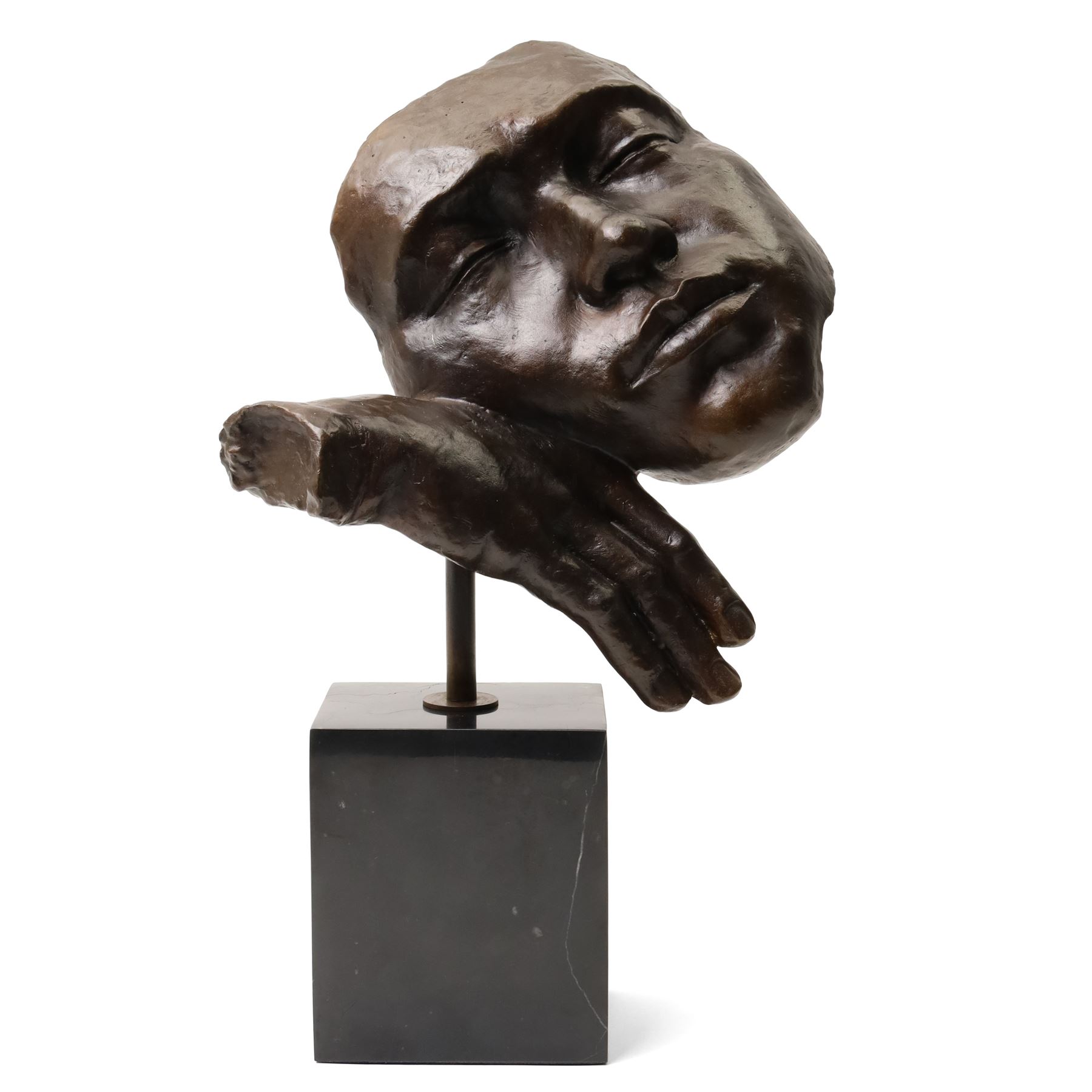 After Salvador Dali (Spanish 1904-1989): Dreams, bronze figure with head resting on hand, mounted on black marble base, H40cm 