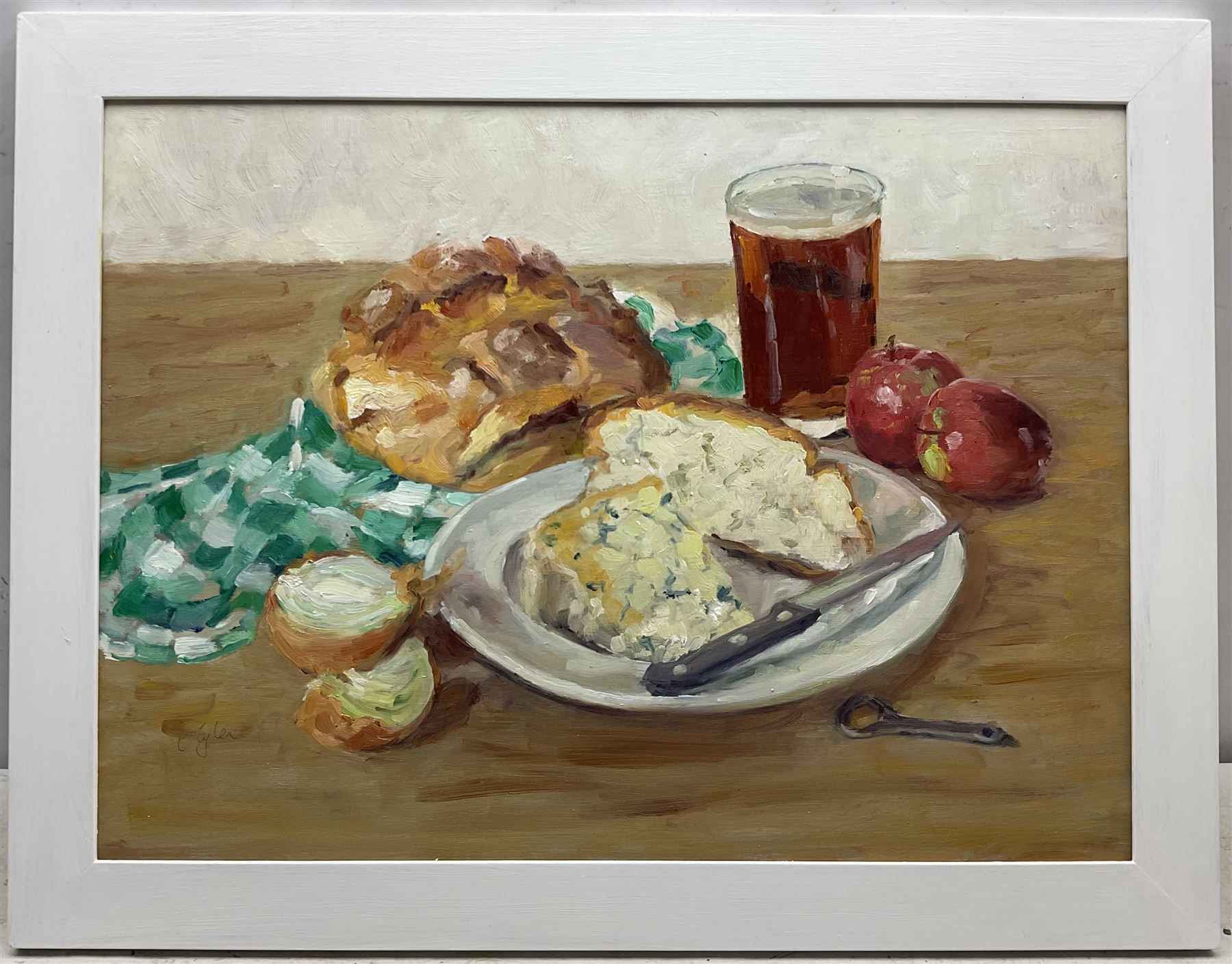 Catherine Tyler (British 1949-): 'Still Life - Ploughman's Lunch', oil on board signed, titled verso 47cm x 63cm
