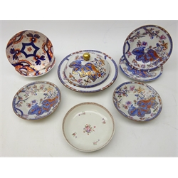  19th century Spode New Stone Tobacco leaf pattern muffin dish & cover, two matching saucers and tea plates, Newhall type saucer etc (8)  