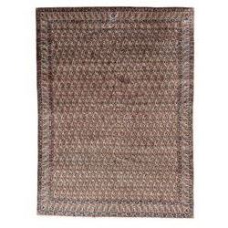 Persian Kirman carpet, the ivory ground field and border decorated with repeating Boteh motifs, interspaced with all-over floral design, blue ground border guards, the top border with signature panel