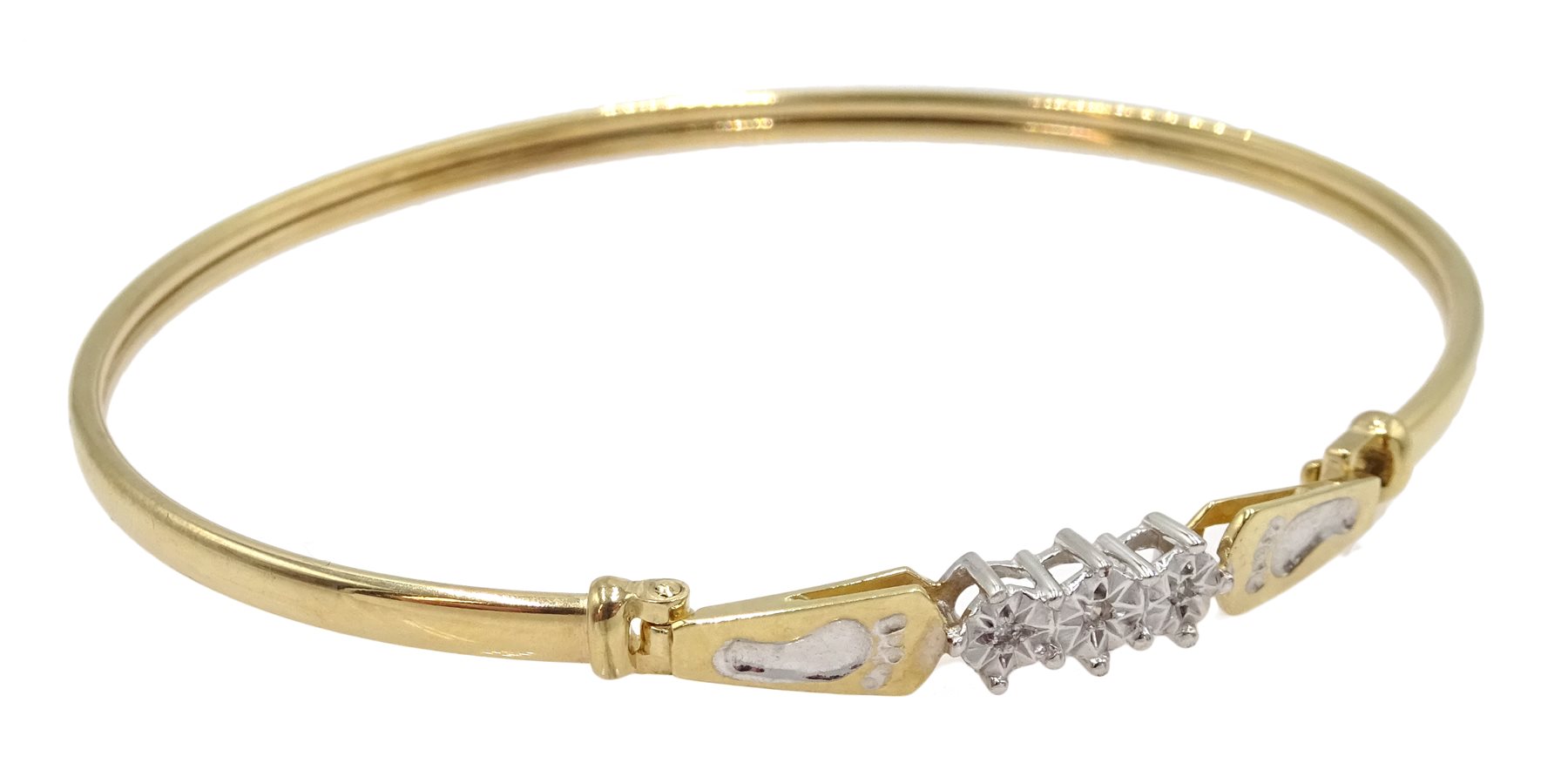 9ct gold bangle, the clasp set with three chip diamonds, hallmarked ...