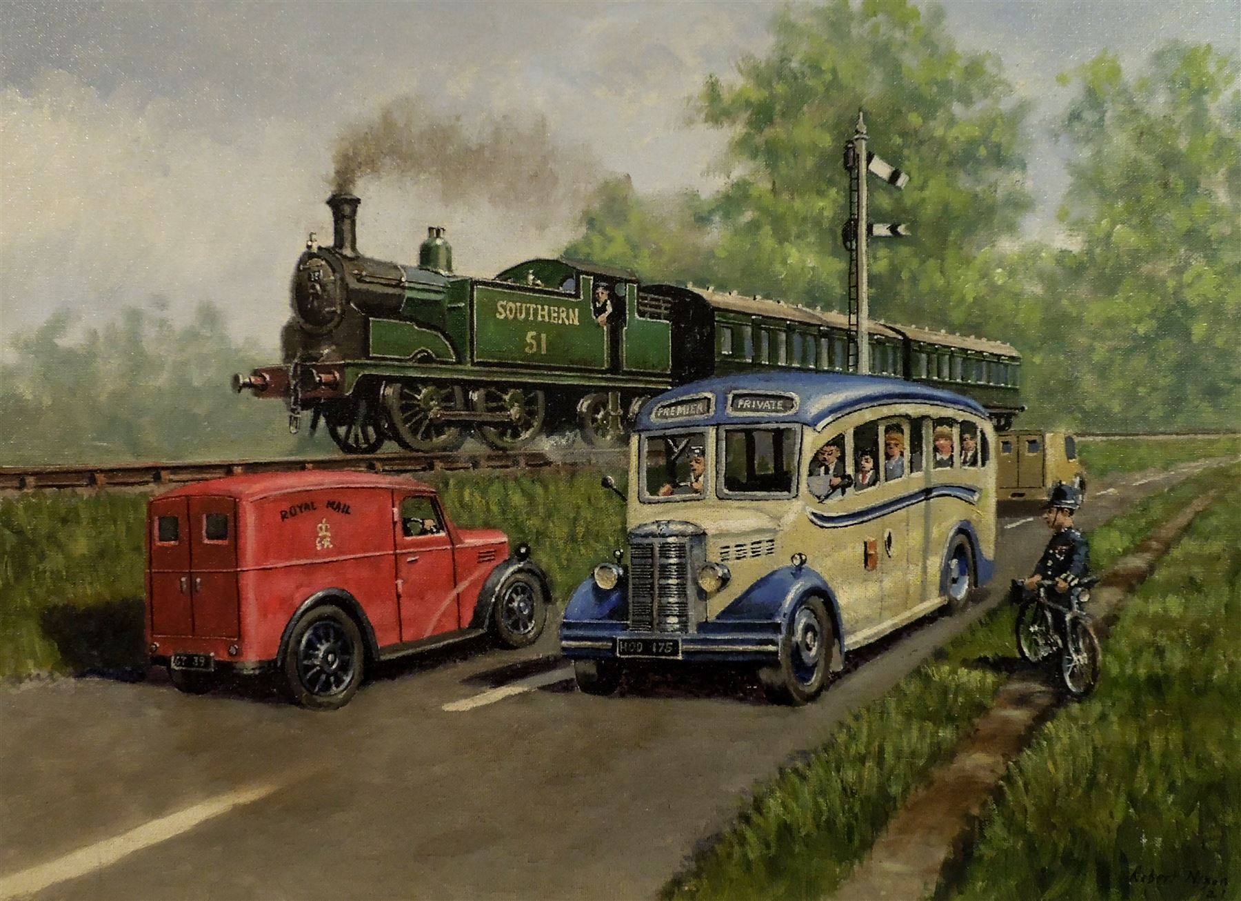 Robert Nixon (British 1955-): Southern Railway local train passing a Bedford OB Coach in the 1940's, oil on canvas board signed and dated '21, 45cm x61cm