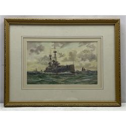 Frank Henry Mason (Staithes Group 1875-1965): Bellerophon Class Dreadnought Battleships flanked by Destroyers, watercolour signed 18cm x 29cm