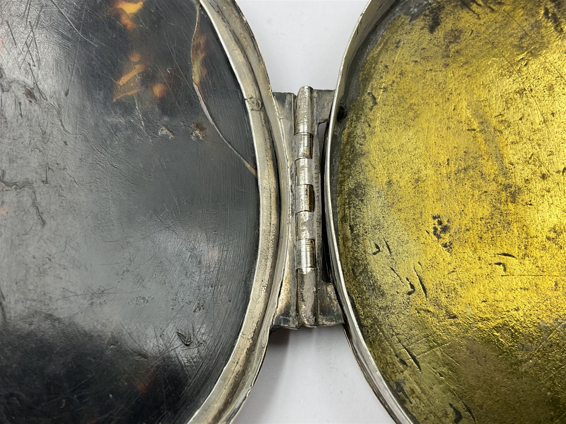 18th century silver plated oval snuff box with tortoiseshell lid inlaid with silver and mother of pearl 