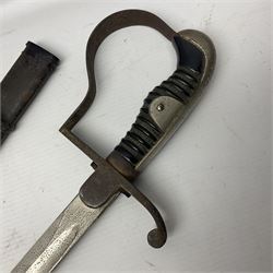 Prussian artillery officer's sword, the 92cm slightly curving fullered blade marked Eickhorn Solingen to the ricasso, iron hilt with traces of plating, D-shaped langets and curving knucklebow with wire-bound black grip; in steel scabbard with traces of black paint and single suspension ring L110cm overall