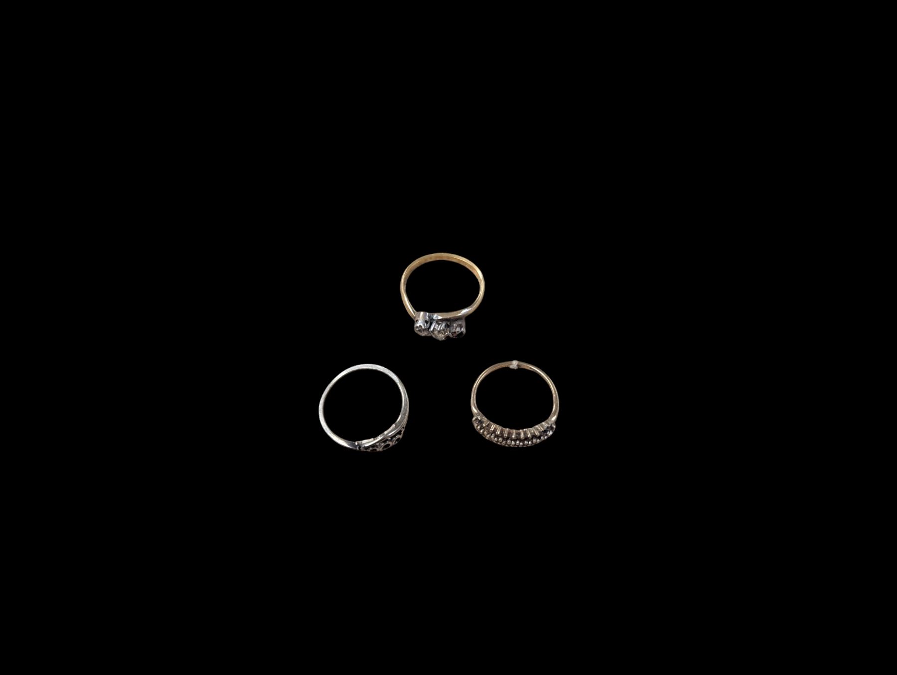 18ct gold diamond ring, 18ct white gold ring shank and a 9ct gold stone set ring