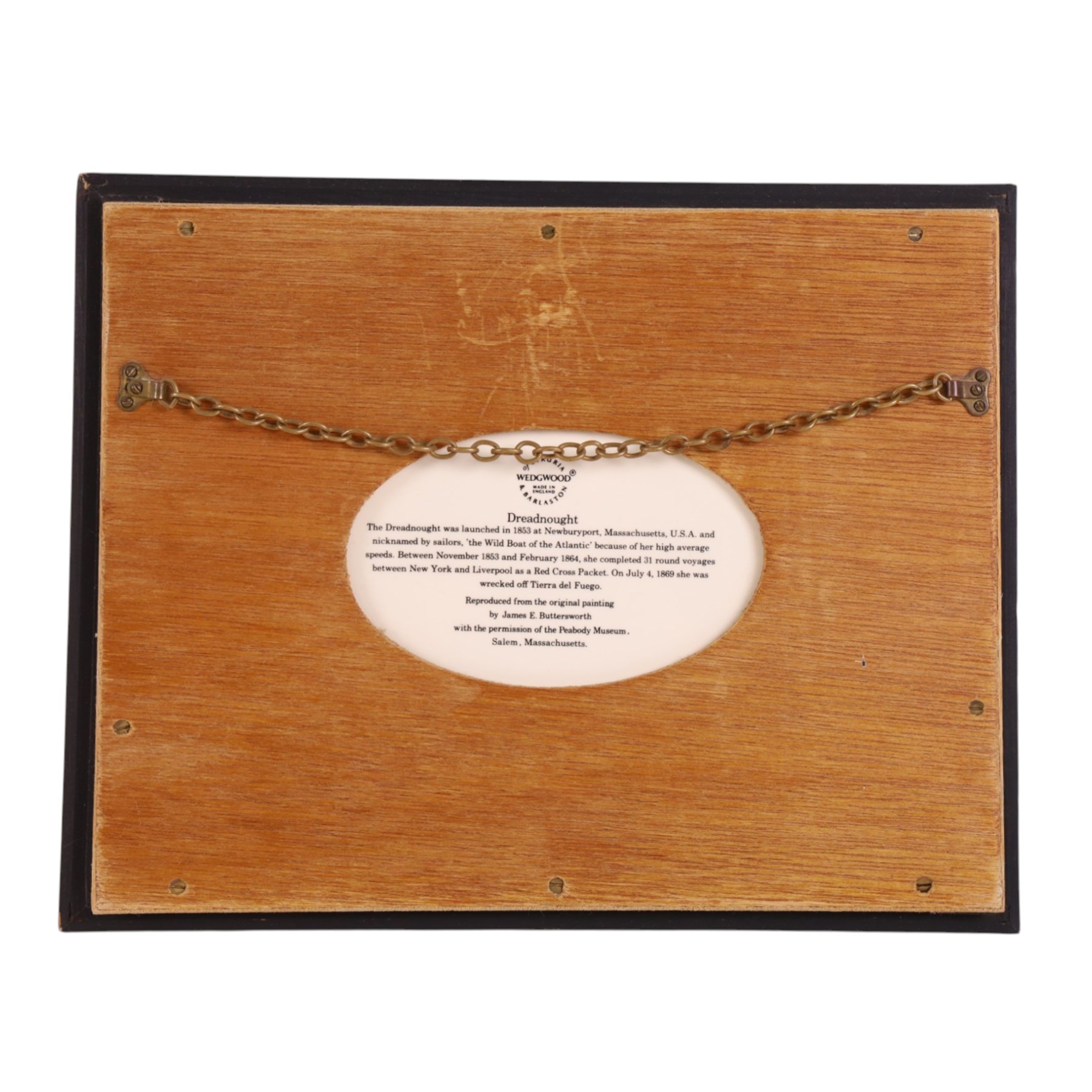 Set of Six Wedgwood plaques, each decorated with a clipper ship, inscribed to the reverse, in maple frames, 25cmx31cm