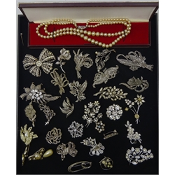  Collection of Marcasite and paste set brooches, some set with cultured pearls, other similar dress brooches, varying shapes and sizes and a simulated double strand pearl, cased (30)  