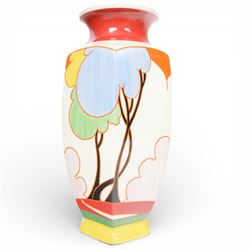 Wedgwood Bizarre by Clarice Cliff, large  hexagonal vase, Blue Autumn, hand painted based ...