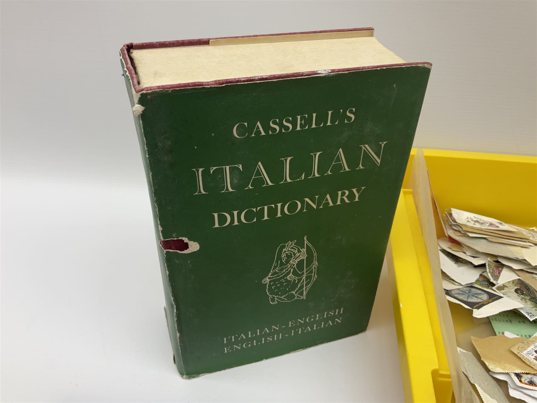 Collection of whimsy figures in a wooden display case, together with other assorted collectables, including stamps, pin badges etc