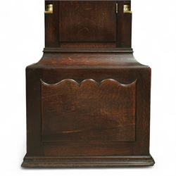 Lister of Halifax -  Oak cased musical longcase clock c1790, 8-day movement sounding the quarters and hours on bells or gong rods, case with a flat pediment and oval  conch inlay beneath, break arch hood door with reeded pilasters and brass Corinthian capitals, trunk with conforming quarter recessed pillars and a long wavy topped door, plinth with a raised panel and applied moulding the the base, break arch brass dial with cast spandrels and engraved dial centre, with a silvered chapter, seconds dial and cartouche with makers name, gongs or bells selector to the arch, chapter with Roman numerals, five minute Arabic's, minute track and steel moon hands, dial pinned directly to a three train weight driven movement with a nest of eight bells and eight gong rods, sounding the hours on either bells or gong rods, with a rack strike and recoil anchor escapement. With pendulum and weights.
The Lister family were a prodigious family of prolific clockmakers working in Halifax and the West Riding area of Yorkshire during the 18th and 19th century, well-known and noted for producing a number of chiming and musical longcase clocks.