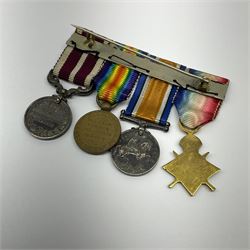 WW1 group of four miniature medals comprising 1914-15 Star, British War Medal, Victory Medal and George V Army meritorious Service Medal, on bar with ribbons