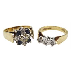 Gold sapphire and diamond cluster ring and a gold illusion set three stone diamond ring, both hallmarked 9ct