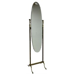 Late 20th century gilt metal cheval mirror, oval bevelled mirror on reeded supports with putti finials 