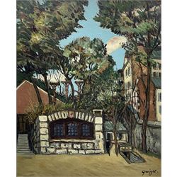 Alphonse Leon Quizet (French 1885-1955): Entrance to a Parisian Crypt, oil on board signed 45cm x 37cm