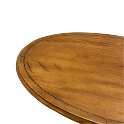 19th century satinwood tripod wine table, moulded oval top inlaid with boxwood and ebony stringing, fine turned vasiform column, three splayed supports with spade feet