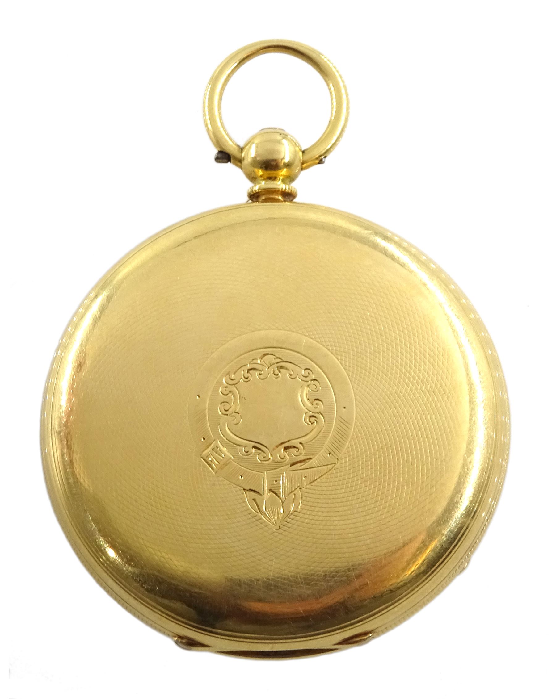 Victorian 18ct gold open face English lever fusee pocket watch by Soloman Myers, London, No.64876, gilt dial with Roman numerals and subsidiary seconds dial, case makers mark J R, London 1870