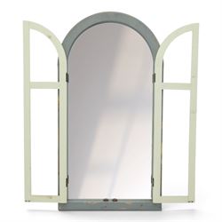 Traditional shutter garden mirror, curved grey frame enclosing a plain mirror plate, with open panel doors