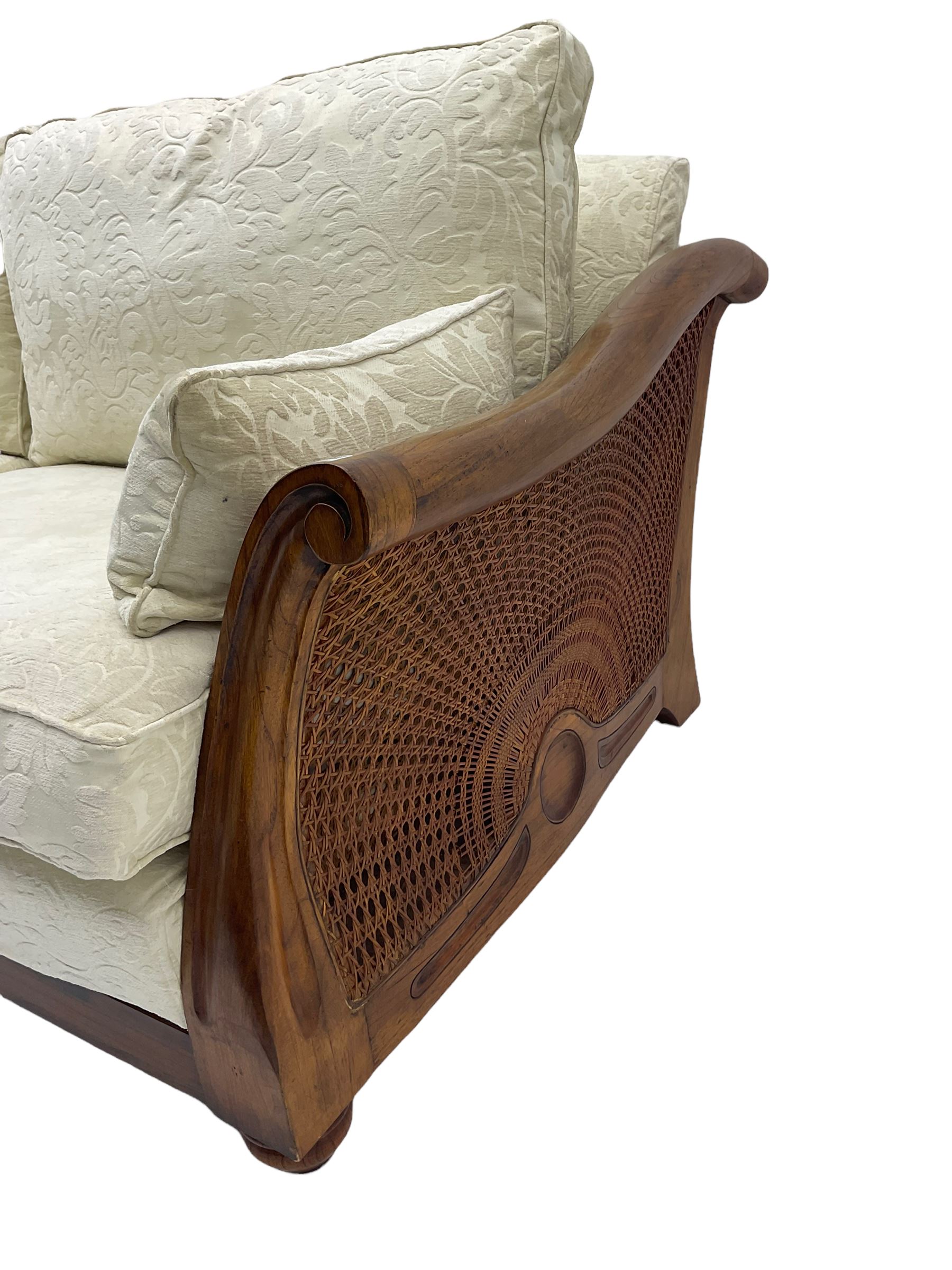 Multi-York - Hardwood framed bergère lounge suite, three seat sofa (W204cm), and pair matching armchairs (W90cm), upholstered in cream floral pattern fabric 