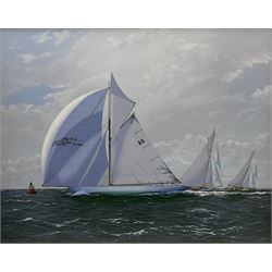 James Miller (British 1962-): Big Class Yachts - 'Moonbeam III leading Marquita & Moonbeam IV', oil on canvas signed, titled verso 78cm x 99cm