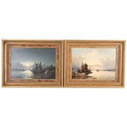 William Anslow Thornley (British fl.1858-1898): 'Sunrise - Gravesend from Tilbury' and 'Moonlight - The Medway before Rochester', pair oils on canvas signed, original title labels verso 25cm x 35cm (2) 
Provenance: with the Kenulf Gallery, Winchcombe, labels verso